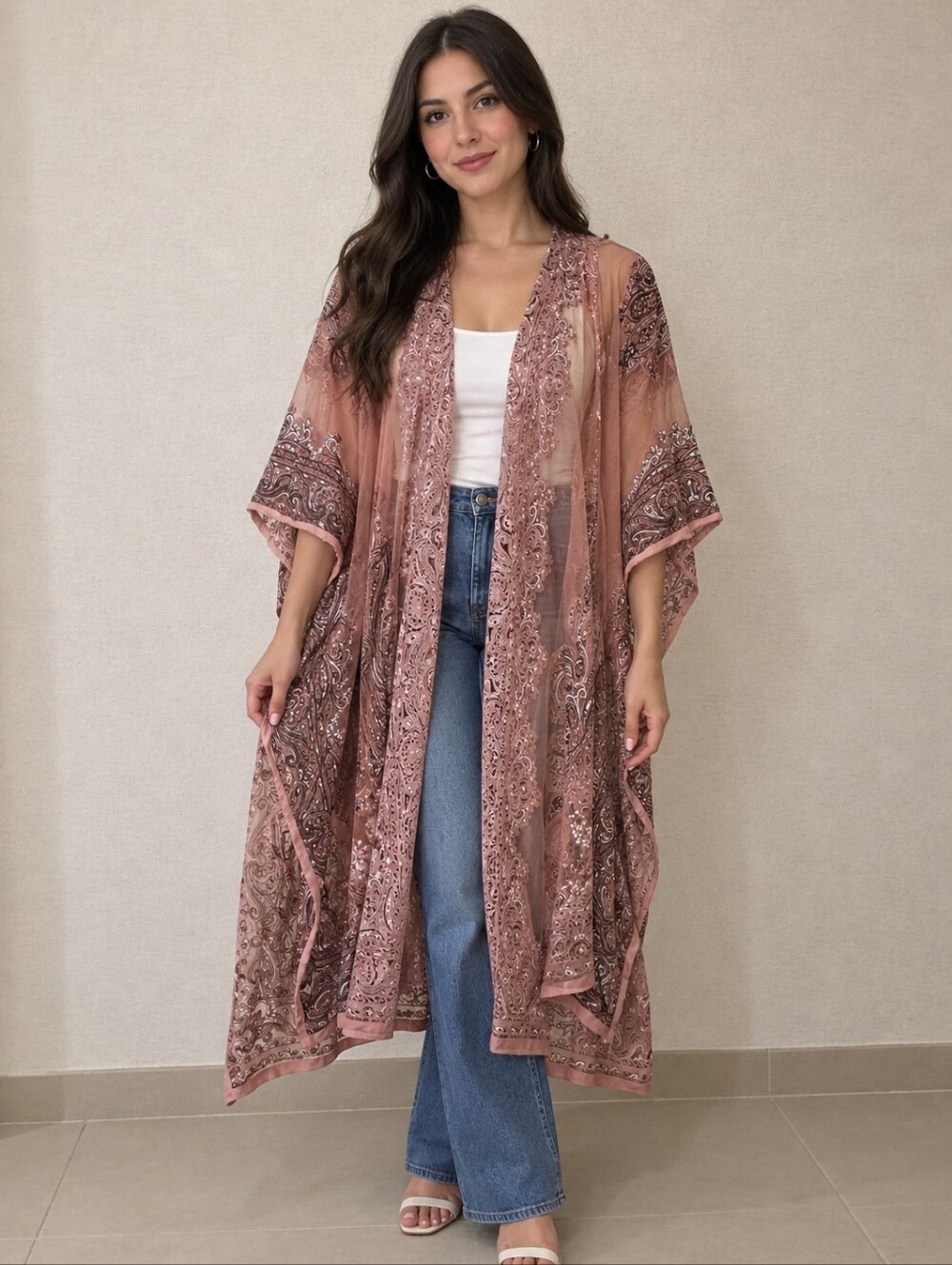 David and Young Dusty Rose Embroidered Sheer Kimono Cape